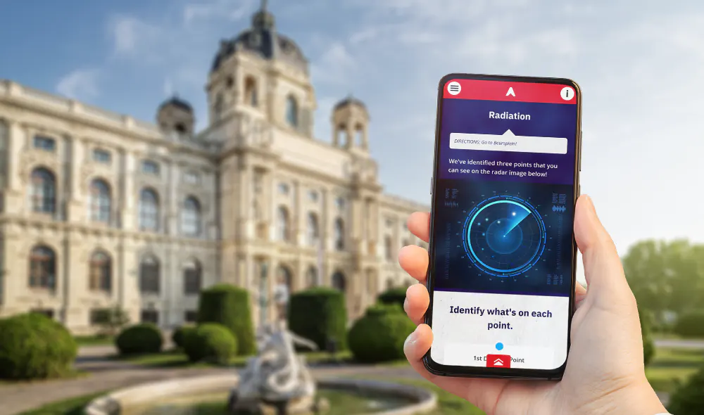 an exciting city adventure game is played on a smartphone in Vienna, with the Natural History Museum in the background