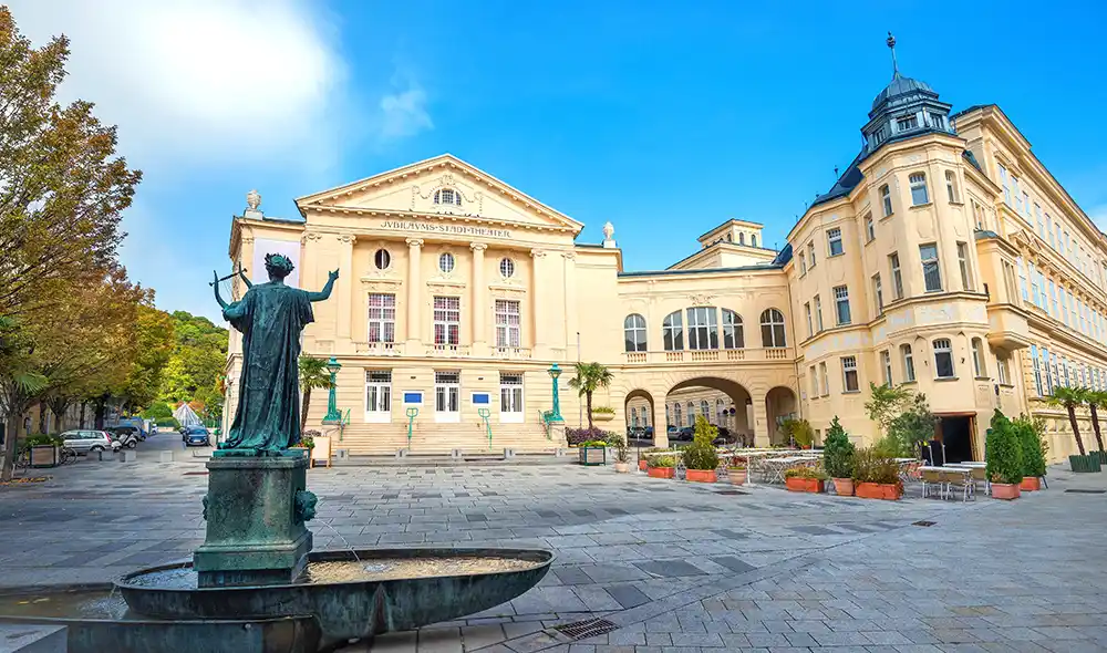 Erato Fountain and Jubilee City Theater at Theaterplatz in Baden bei Wien, one of the locations for Landventure missions