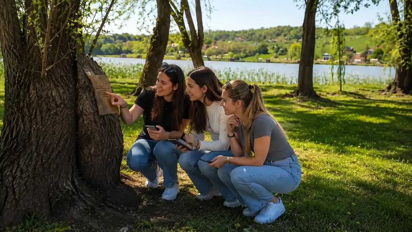 három nő okostelefonnal Landventure szabadtéri szabadulós játékot játszik Csepregen, a Bene-hegyi tó mellett
