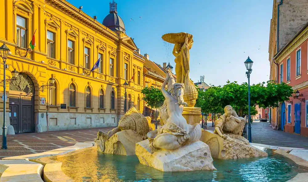 Széchenyi Square in Esztergom, with the Ister Fountain in the foreground