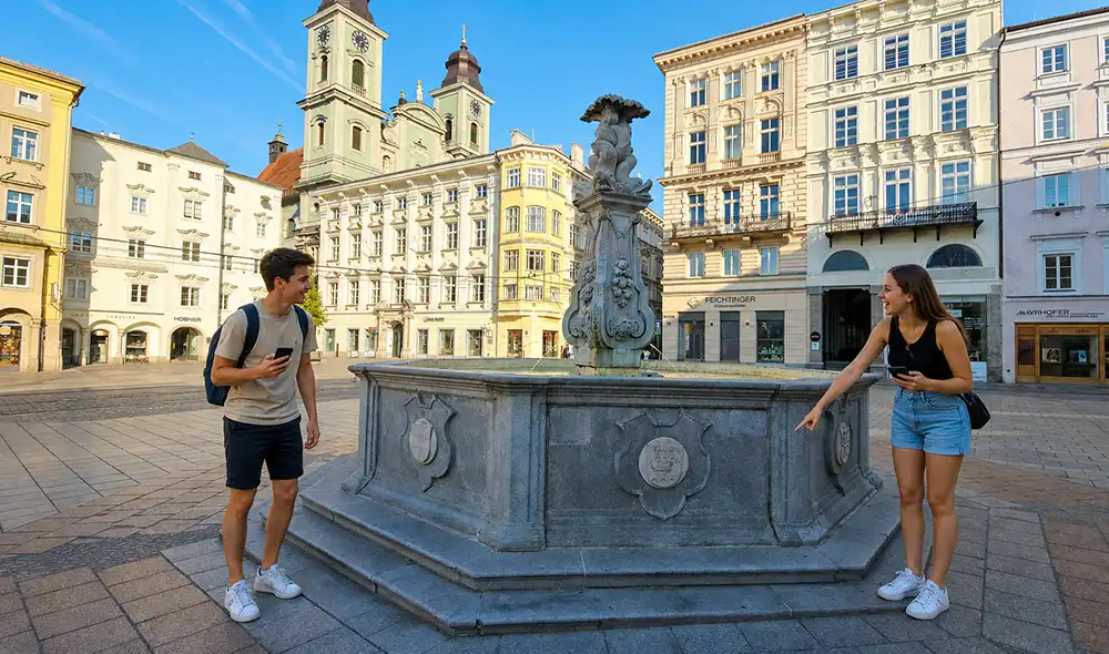 Paar löst eine Landventure-Mission am Neptunbrunnen auf dem Hauptplatz in Linz