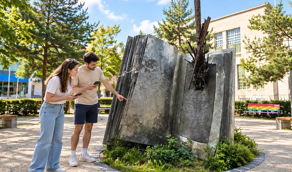 ein junges Paar genießt das Landventure Outdoor-Escape-Game in Linz und entdeckt das Buchdenkmal in der Innenstadt