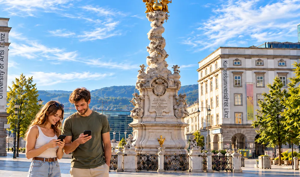 a young couple plays the Landventure outdoor escape game at the Holy Trinity Column in Linz