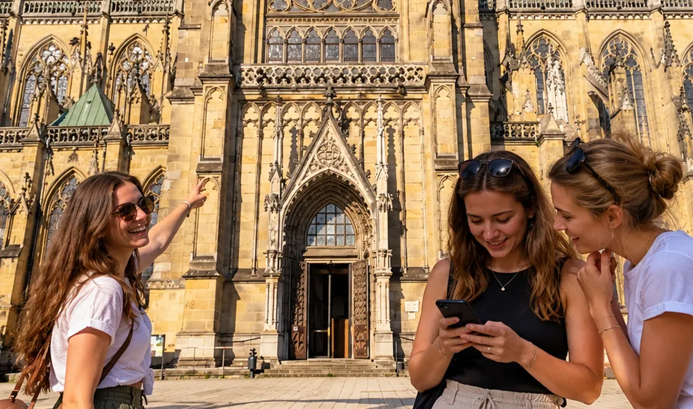 three friends play the Landventure outdoor escape game at the New Cathedral in Linz
