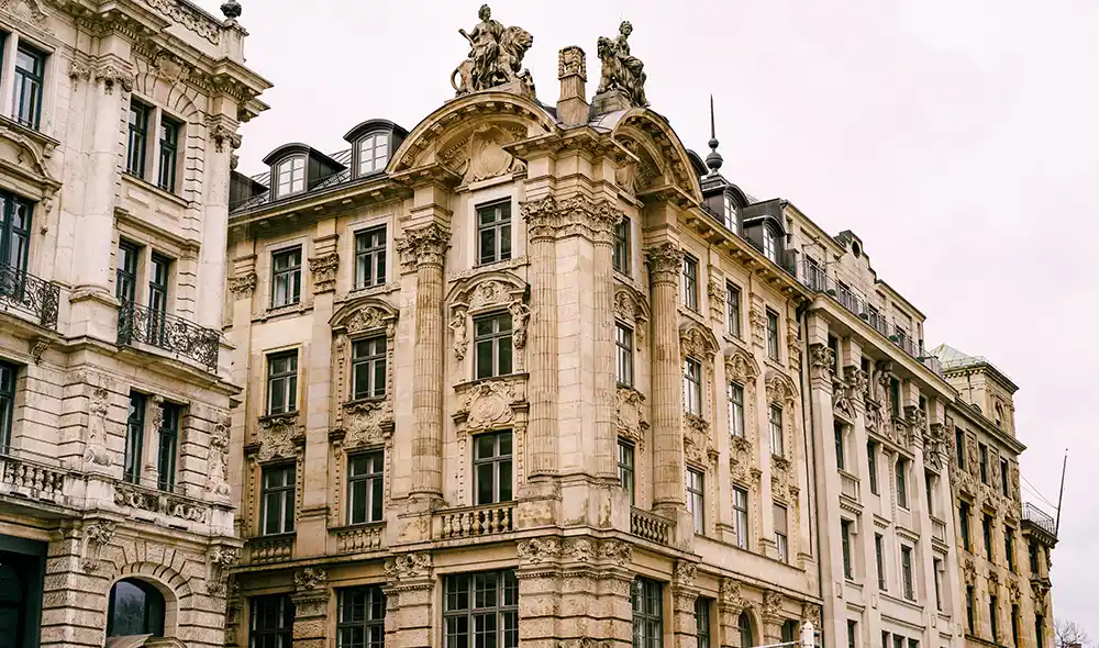 magnificent façade of the Munich I Regional Court in neo-Baroque style under overcast skies
