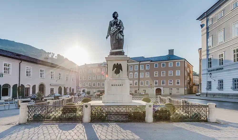 the Mozart Monument on Mozartplatz in Salzburg, one of the locations for Landventure missions