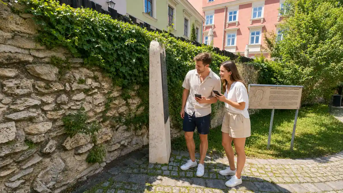 egy fiatal pár egy tábla mellett állva Landventure városi nyomozós játékot játszik Sopronban egy okostelefonnal