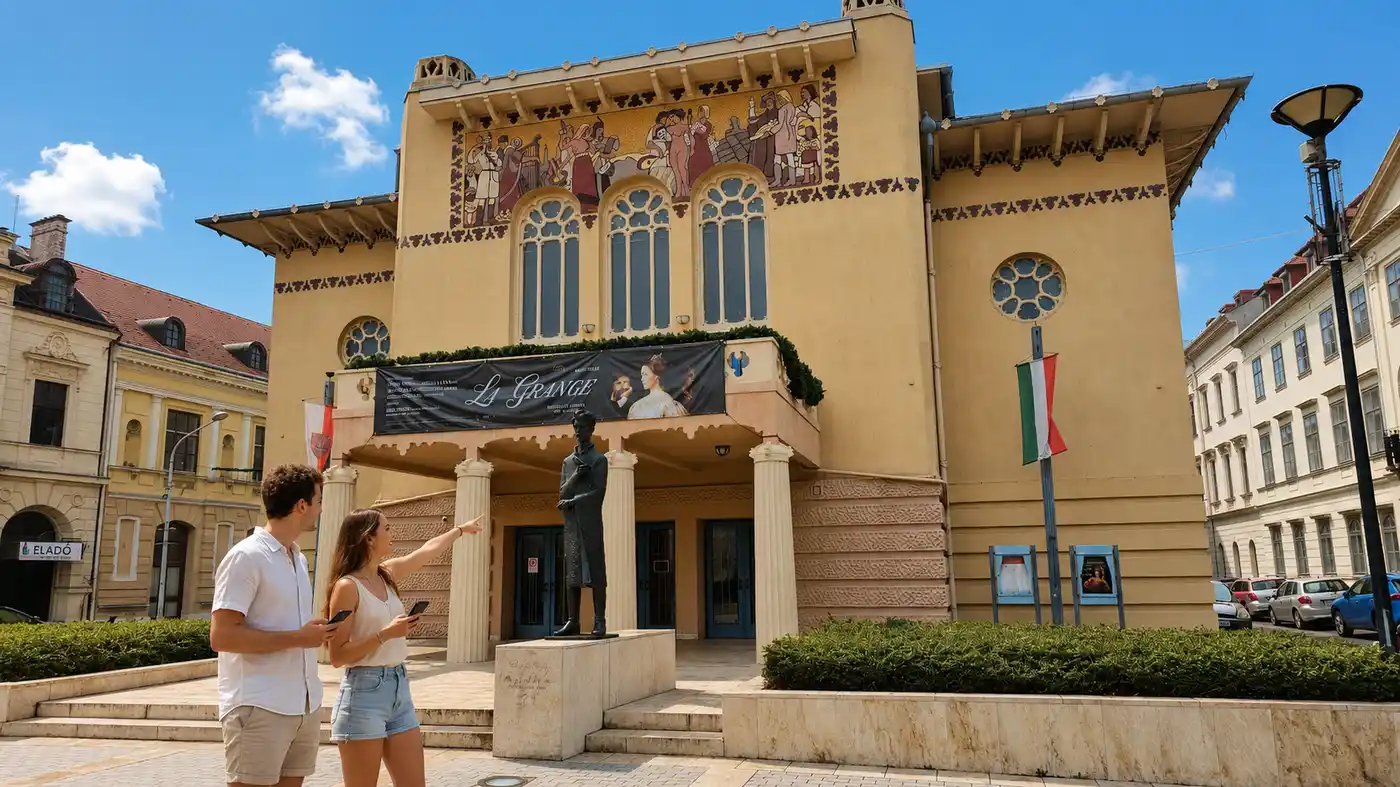 egy fiatal pár Sopronban sétál a Petőfi Színház előtt és okostelefonnal Landventure városi nyomozós játékot játszik